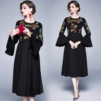 

Banulin Brand Luxious Runway Autumn Winter Black Dress Women's Flare Sleeve Embroidery Flowers Long Evening Party Dress