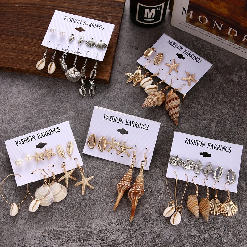 

NEW Boho Conch Shell Starfish Drop Earrings Set For Women Vintage Beach Sea Shell Long Tassel EarringsGirl Indian Brincos Jewelr