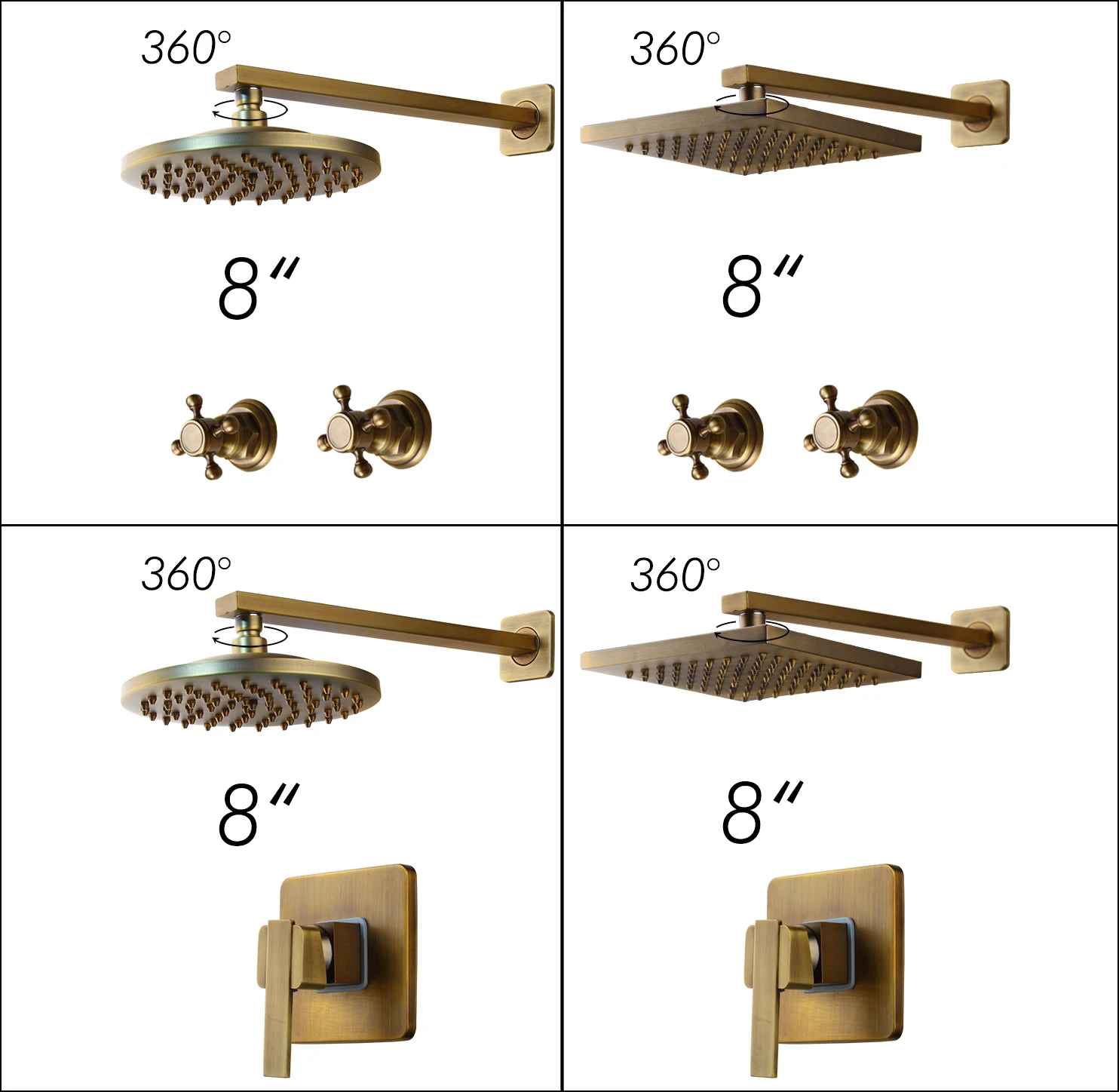 8 inch Antique Brass Round Wall Mounted Bathroom Rainfall Shower Faucet Set Head 2 Handles Shower Set Black ORB