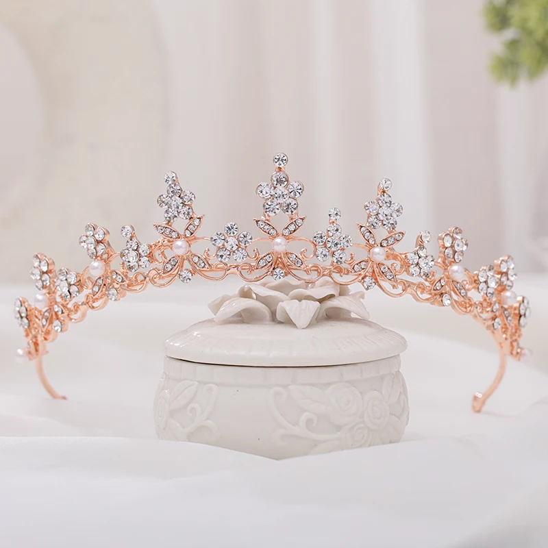 Trendy Rose Gold Silver color Crystal Princess Crown Wedding Tiara Bridal Diadem Party Jewelry Wedding Hair Accessories Handmade