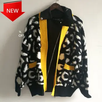 

Leather Jacket Fashion Trend Leopard Coat Oversize Ladies Zipper Outerwear 2020 Autumn Fake Two Fashion Large Size Knit