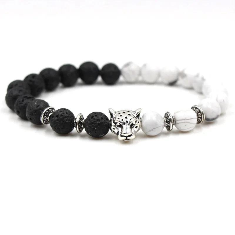 

Creative Natural Black Volcanic Lava Stone and white Stones Bracelet Zinc alloy Leopard head Bracelets Bangles Men&Women Jewelry