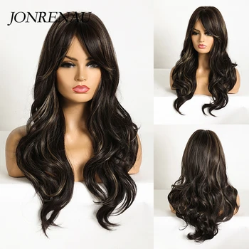 

JONRENAU Synthetic 21 inch Long Wavy Dark color with highlight Daily use Wigs for Women High Temperature Fiber Hair Wigs Gift