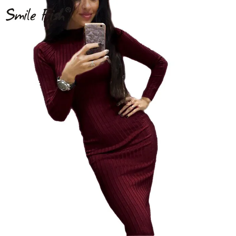 Wine Red Элегантное женское платье миди, Осеннее, с длинным рукавом, стрейчевое, зимнее, облегающее, вязаное, офисное, для девушек, вязанное, в рубчик, Jurken GV424 - Цвет: Wine Red