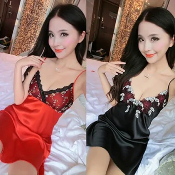 

Summer simulation silk sling pajamas women sexy temptation strap pyjamas black lace pajamas tracksuit plus size women sleepwear