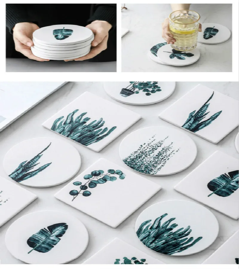 

1PCS Diatom Mud Coaster Cup Pad Non-slip Heated Mat Coffee Tea Drink Coasters Mat Leaves Pattern for Cup