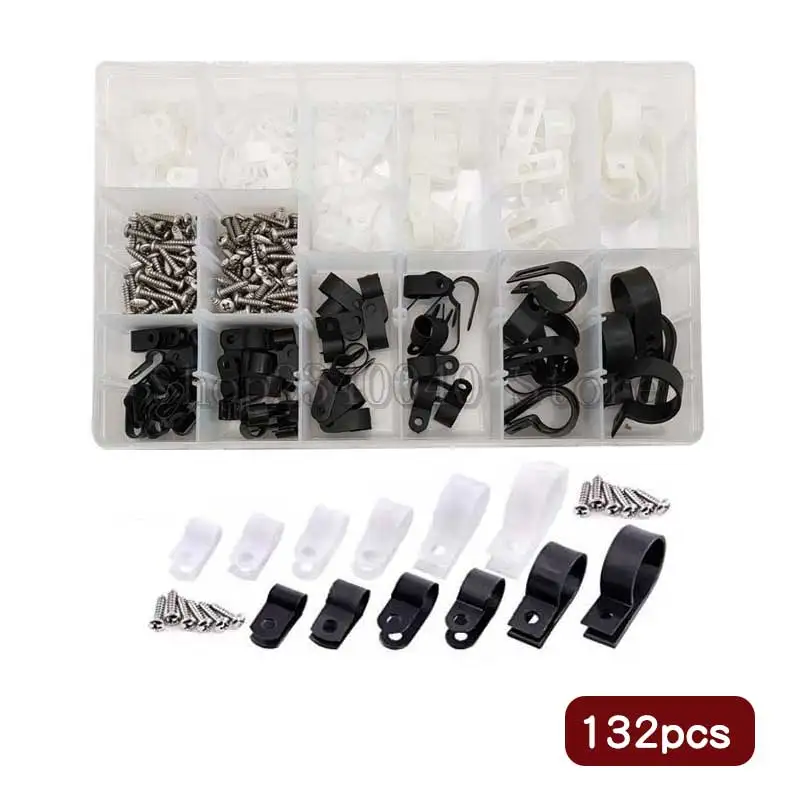 

132Pcs Black/White plastic R-type cable clamp classification kit Fasteners Cable R-Type Nylon Cable Clamp self tapping screw