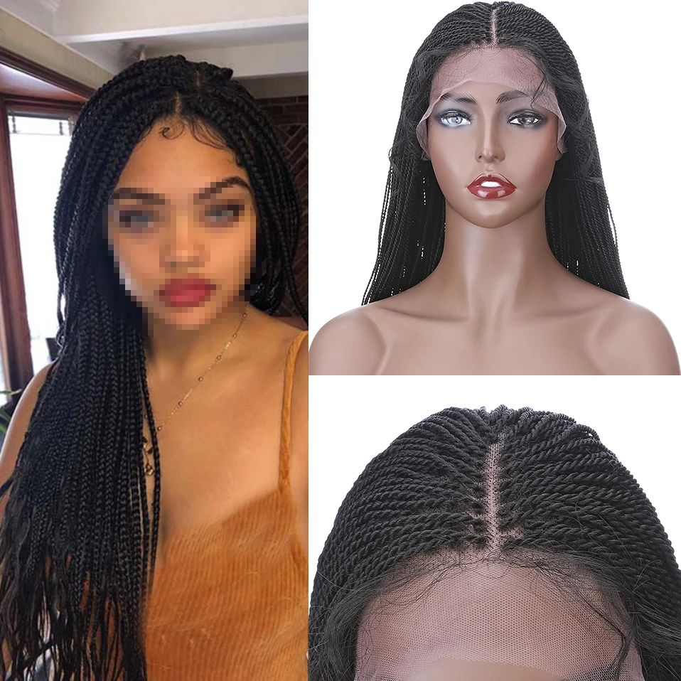 Big Sale Braided Wig Braiding-Hair-Wig Senegalese Twist Middle-Part 28inch Lace-Front Black Synthetic zWzKE0DE9WZ