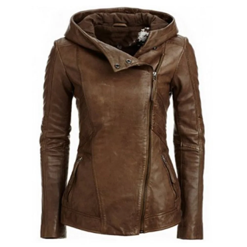 

2020 Fall Women PU Jackets Fashion Hooded Slim Fit Zip Up Solid Color Winter Female Leather Motorcycles Coats Bomber Jacket