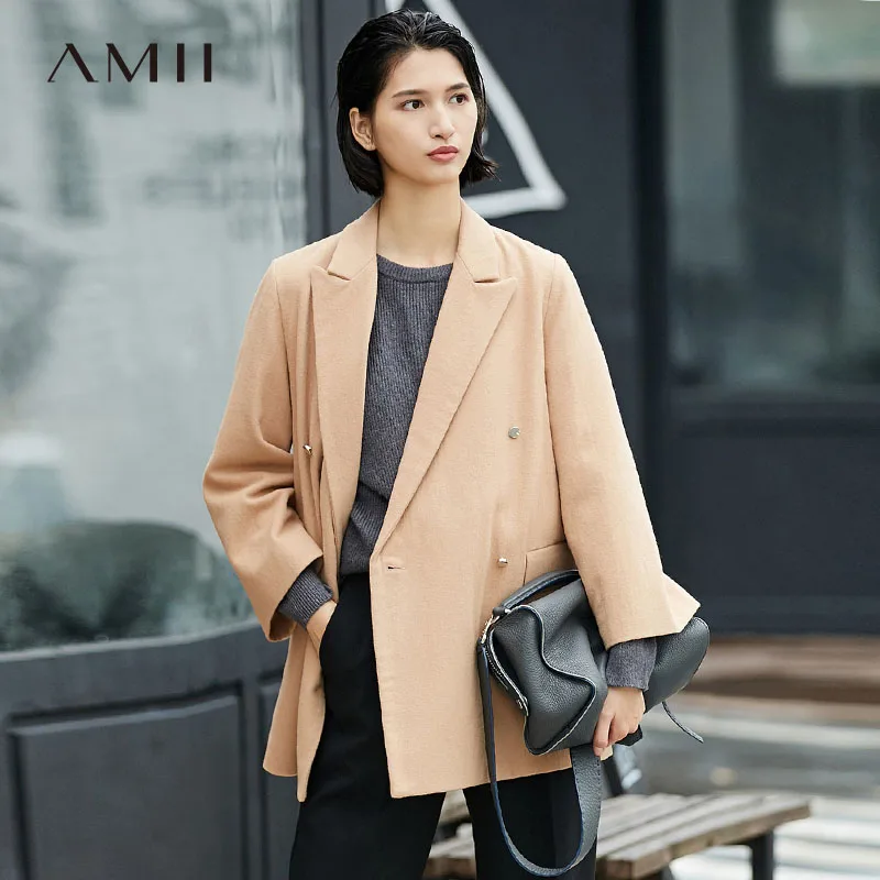 

Amii Minimalism Spring Fall Woolen Suit Coat Solid Women Double breasted Coat 11776227