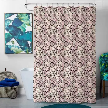 

Funny Shower Curtains for Men Bicycle,Romantic Doodle Drawing with Pink Blossoms Fun Activity Youth,Dark Brown Pink Pale