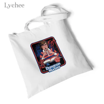 

Lychee Harajuku Cartoon Devil Printed White Canvas Bag Foldable Large Shoulder Bag Travel Bag Environmental Reusable Handgbag