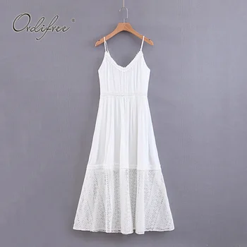 

Ordifree 2020 Summer Women Long Dress Spaghetti Strap White Lace Loose Maxi Tunic Beach Dress