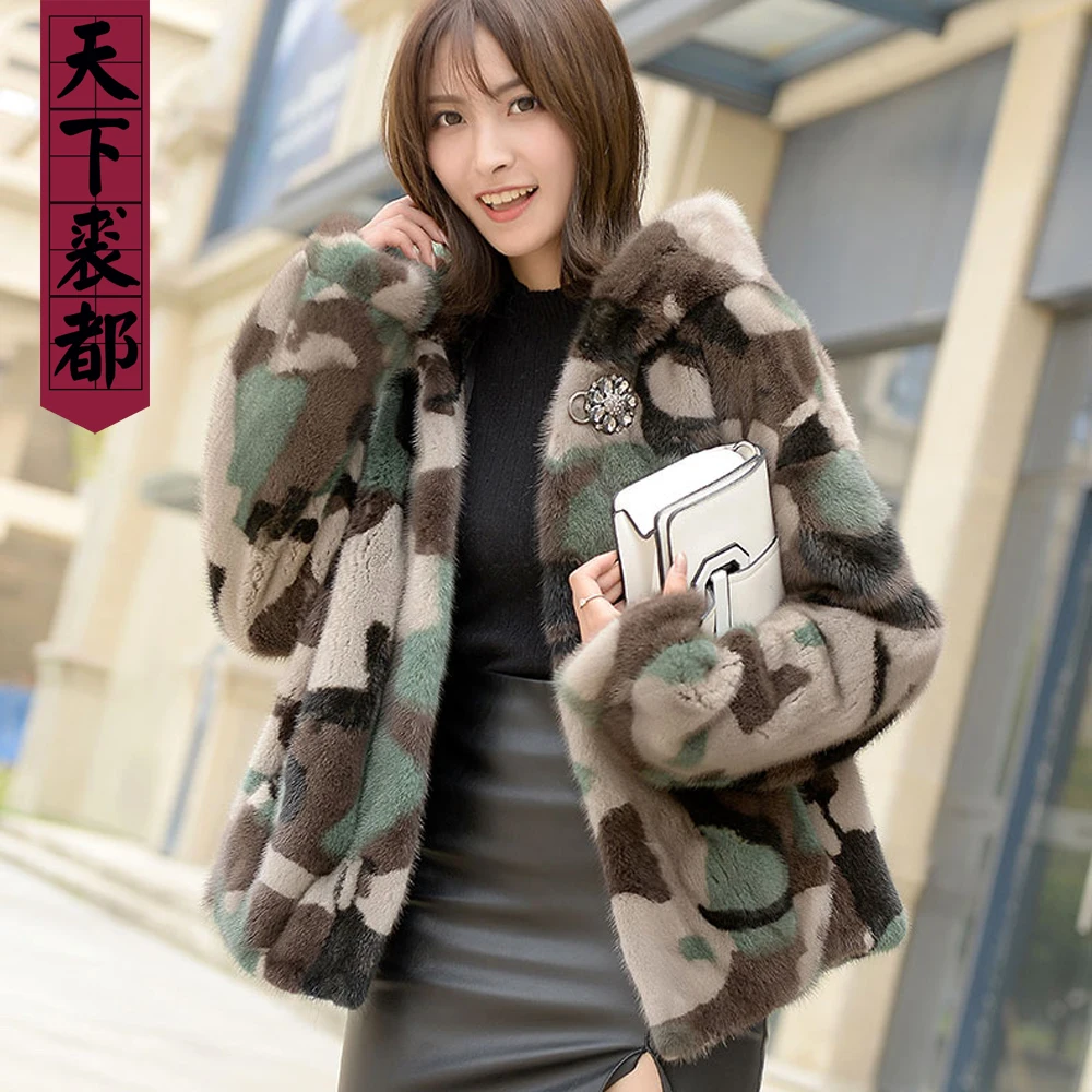 New design lady Camouflage color real mink fur jacket hooded pocket street arm women genuine mink fur outerwear full pelt
