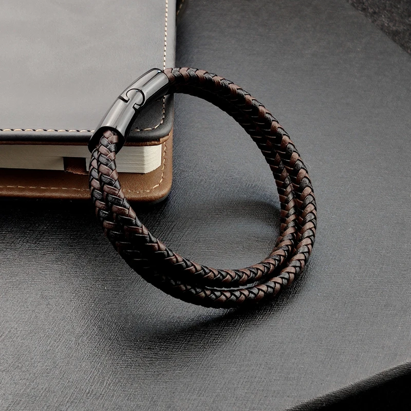 Titanium Steel Bracelet Double Layer Brown Black Leather Braided Rope Man Stainless Steel Magnetic For Women Gift bracelet jewelry