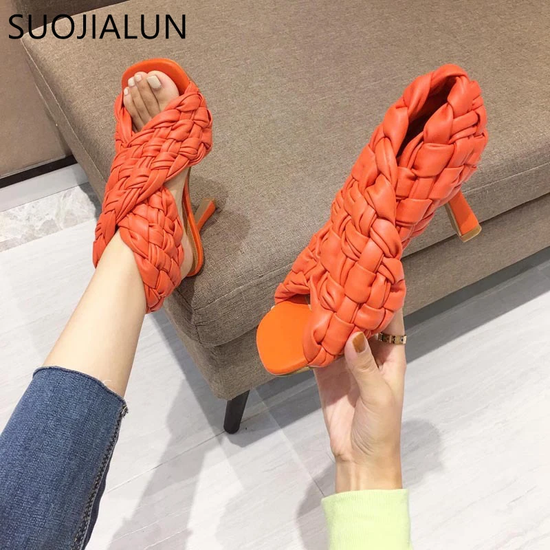 SUOJIALUN Ladies Gladiator Sandals Sexy Thin High Heels Shoes Fashion Brand Weave Open Toe Slip On Rome Slides Women Dress Shoes