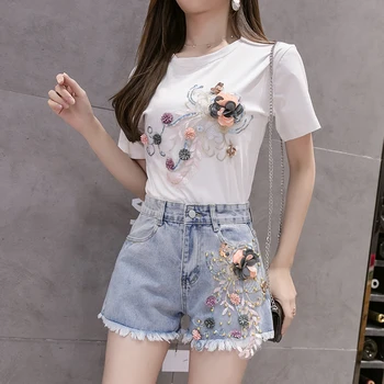 

2020 Summer Women Beading Flower cotton Tshirts+ Denim Shorts Casual Clothing Sets Casual short Jeans Clothes Suits