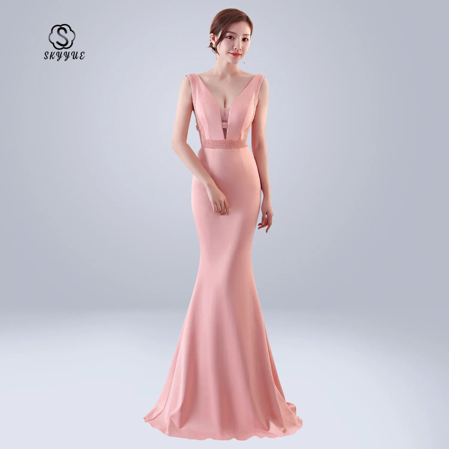 

Skyyue Sexy Double Deep V-neck Formal Gowns Women Party Dresses Soild Sleeveless Elegant Evening Dress Robe De Soiree 2019 C151