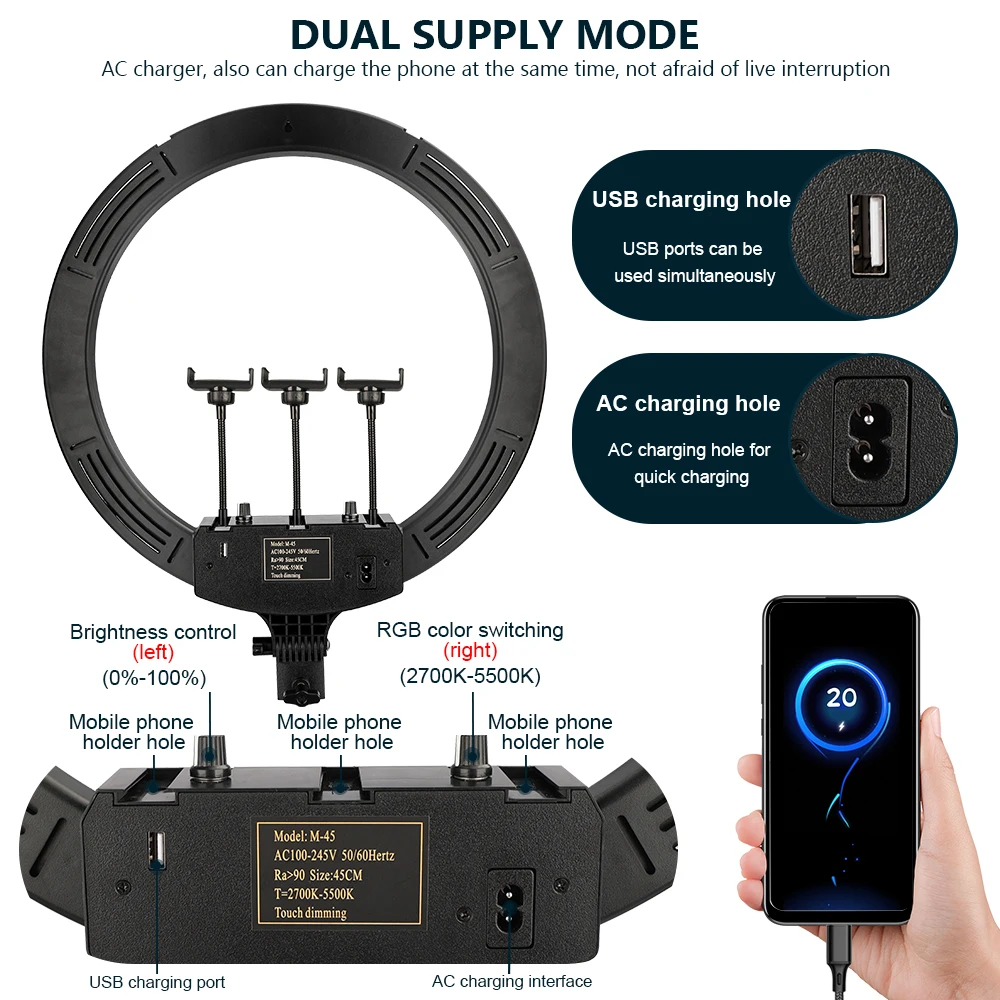 Lâmpada com Tripé Iluminação ao Vivo para o Telefone Luz de Preenchimento Polegada Anel 50w Fotografia Remoto 45cm Led Pode Ser Escurecido Selfie 18 Rgb Luz - Image 4