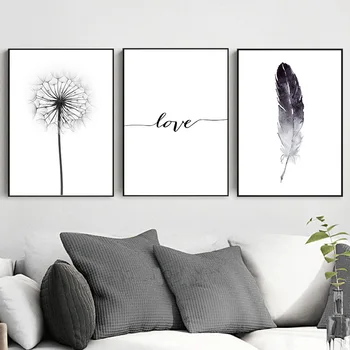 

Black and white dandelion feather posters and printed letters lover wall art color painting cloth wall decoration