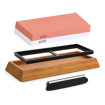 

Sharpening Stone 3000 & 8000 Grit - Double Sided Whetstone Set For Knives With Non-Slip Bamboo Base and Free Angle Guide