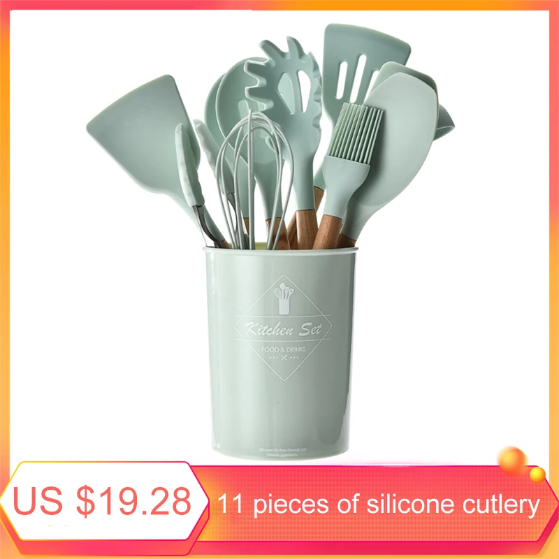

11Pcs Tableware Storage Bucket Non-Stick Spoon Shovel Kitchen Utensils Cooking Tools Silicone Tableware Cage With Wooden Handle