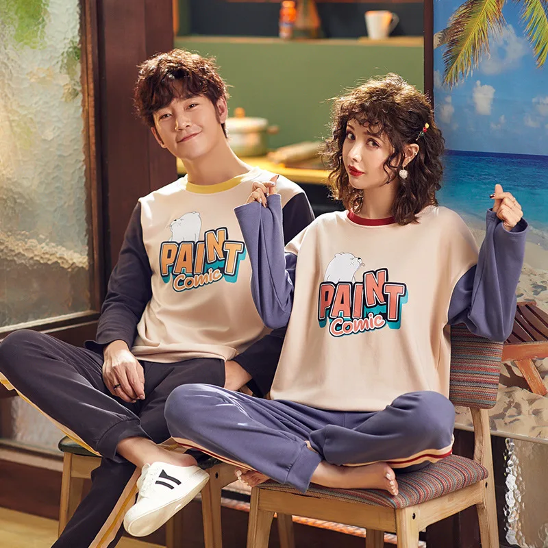 

A9396 # Mixed Colors White Bear Lettered Crew Neck Couples AQT High Quality Pure Cotton Long Sleeve Pajamas Homewear Set