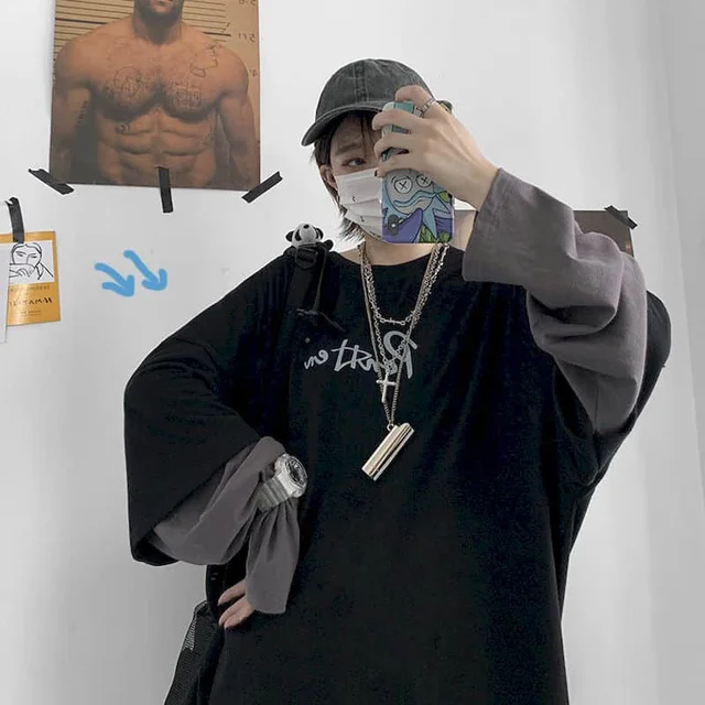 T-shirt Cross of Thorns fake two-piece for men women long-sleeved dark hip-hop loose large size autumn new trend top Simplicity dd1793 black