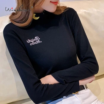 

Spring 2020 Cotton T-shirt Women Casual Turtleneck Moon Embroidery Slim Stretchy Long Sleeve Tops Tee футболка T01202B