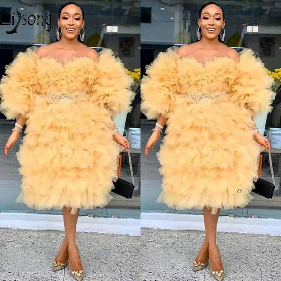 

High Street Fashion Ruffles Tiered Tutu Formal Dress Three Quarter Sleeves Tea Length Cocktail Dresses Off The Shoulder Puffy