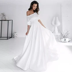 White 3/4 Satin Wedding Dresses Off-The-Shoulder 2022 Floor-Length for Women Fluffy Dress Zipper Back Court Train Bridal Gowns