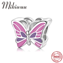 925 пробы серебряные очаровательные и элегантные фиолетовые эмалированные бусины-бабочки подходят к оригинальному браслету Пандора DIY ювелирное изделие подарок