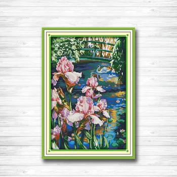 

Iris pool Swan lake scenery flowers paintings dmc 14CT 11CT counted cross stitch Needlework Set Embroidery kits Home decor