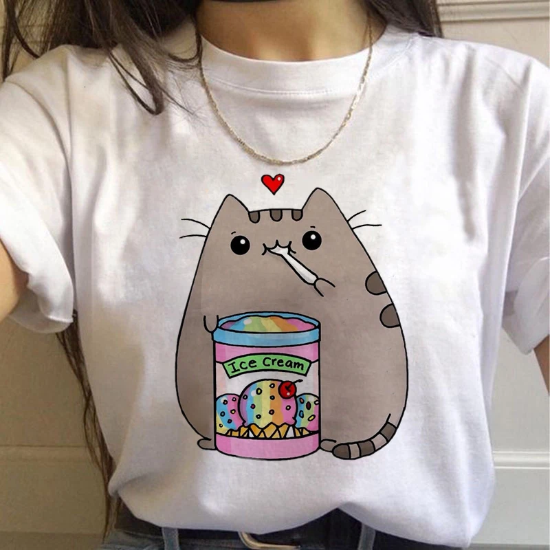 Kawaii Cat, женские футболки, Harajuku Ullzang, забавная футболка, 90 s, мультяшный принт, футболка, графический корейский стиль, топы, футболки, женская одежда