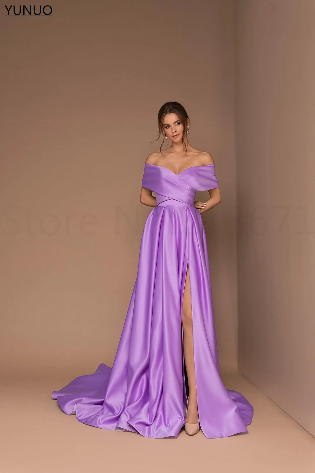 YUNUO 2022 Satin A-line Evening Dress Off The Shoulder Party Formal Gowns vestidos de noche Long Side Slit Women Prom Dresses evening maxi dresses