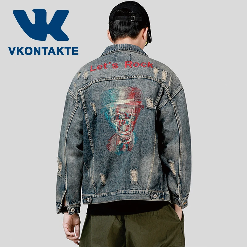 

Mens skulls embroidery Denim Jackets Streetwear 2019 Hip Hop Casual Patchwork Ripped Distressed Punk Rock Jeans Coats Outwear