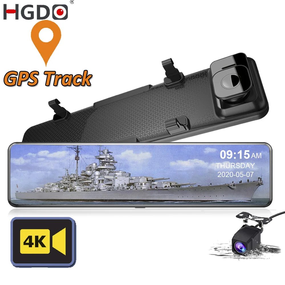HGDO 12'' 4K Car DVR GPS Video Recorder Sony IMX415 Rear View Mirror Camera 1080P Rear Camera Dash Cam Registrar Parking Monitor