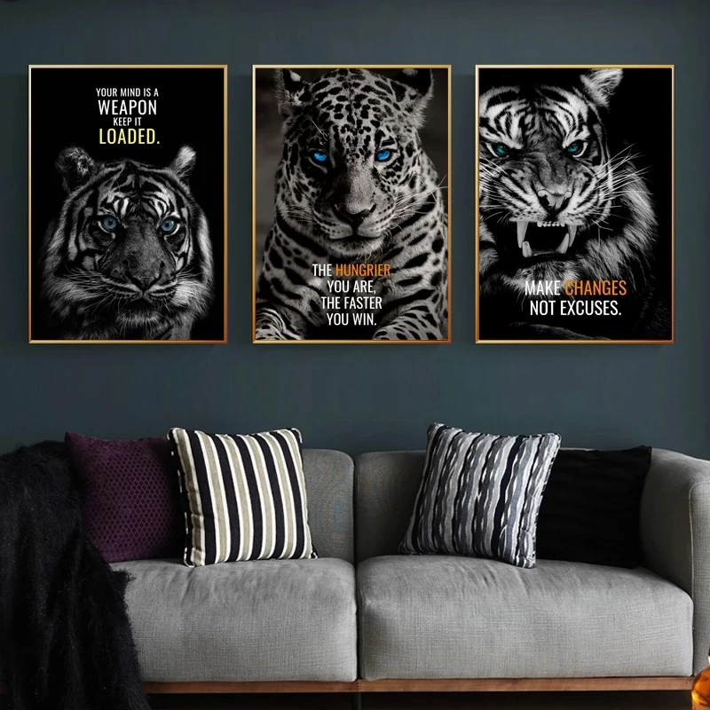 Nordic Black Tiger Leopard Wolf Canvas Painting Wall Decoration Active Effort Inspirational Art Poster Office Home Decoration