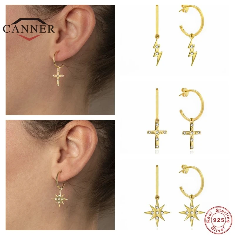 

CANNER Real 925 Sterling Silver Lightning Cross Star C-shaped Stud Eearrings For Women Ear Piercing Earring Jewelry Pendientes