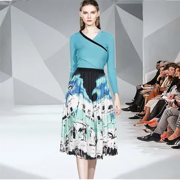 

new fashion 2 piece set elastic v neck pullovers sweater high waist print pleated skirt set spring women set P827