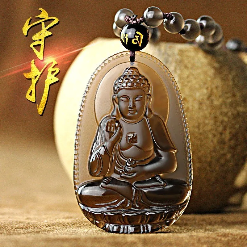 Natural Ice Obsidian Carved Buddha Lucky Amulet Smoky Quartz Pendant Necklace Smoke Crystal Women Men Jewelry Healing Reiki Gift 6
