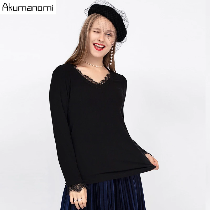 Осенняя Весенняя женская блузка размера плюс 5XL-l кружевная Черная Женская рубашка с v-образным вырезом и длинным рукавом Женские Топы Camiseta Mujer Haut Femme