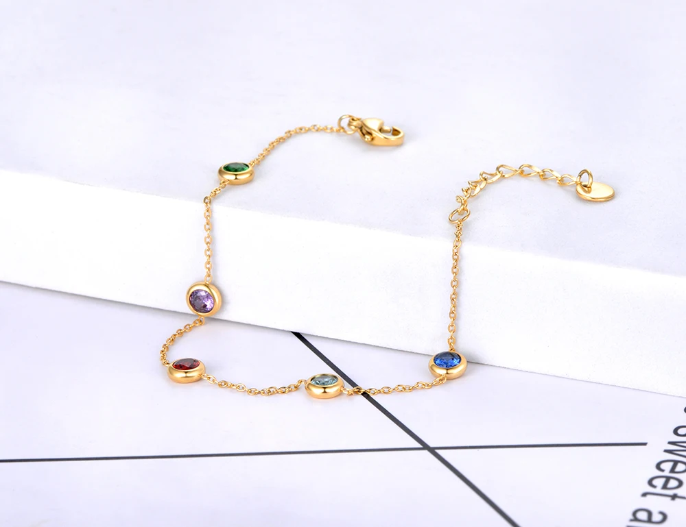 Stainless Steel Colorful Cubic Zirconia Charm Bracelets 18K Gold Plated Bohemia Chain Bracelet Jewelry for Women B21152 bracelet jewelry