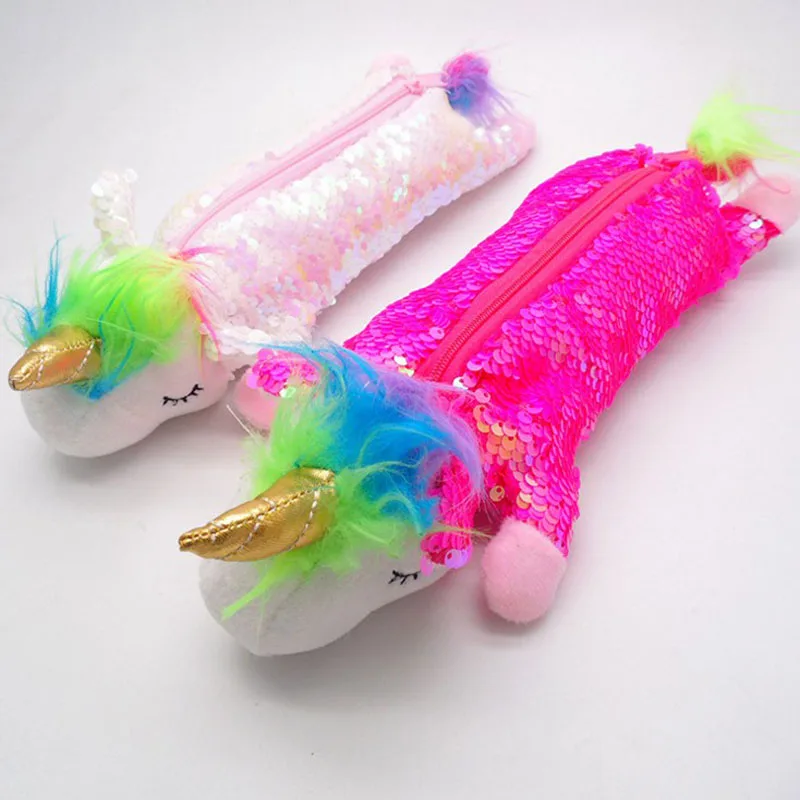 1 шт. кавайный блестящий чехол-карандаш с единорогом Estuche Unicornio Escolar, Детский плюшевый чехол-карандаш для школы, корейские канцелярские принадлежности