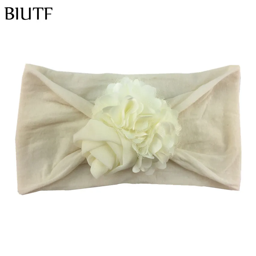 20pcs/lot Chic Headwear Elastic Wide Nylon Headband with Satin Flower Chiffon Rose Kids Photo Props 15 Colors HB105