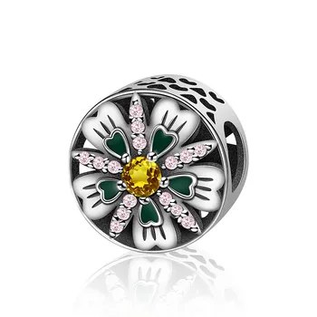 

NEW 100% 925 Sterling Silver Bead Colorful Implied Fresh Zircon Geometric Flowers Pentagram Leaves Charm Original Jewelry Gift