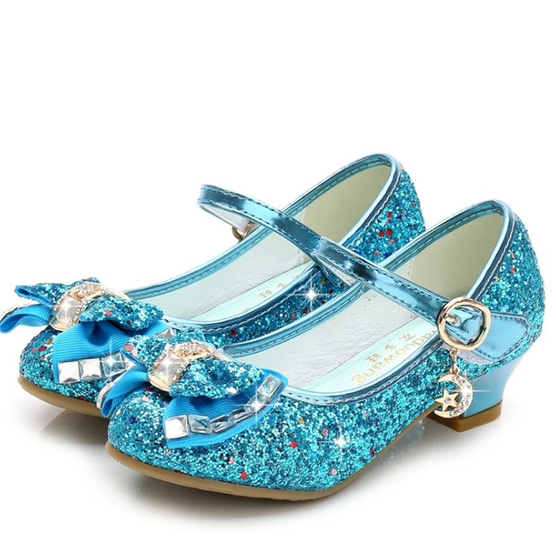 Princess Kids Leather Shoes for Girls Flower Casual Glitter Children High Heel Girls Shoes Butterfly Knot Blue Pink Silver - Color: Blue