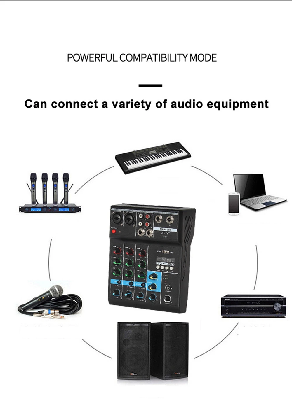 Professional 4 Channel bluetooth Mixer Audio Mixing DJ Console with Reverb Effect for Home Karaoke USB Stage Karaoke KTV