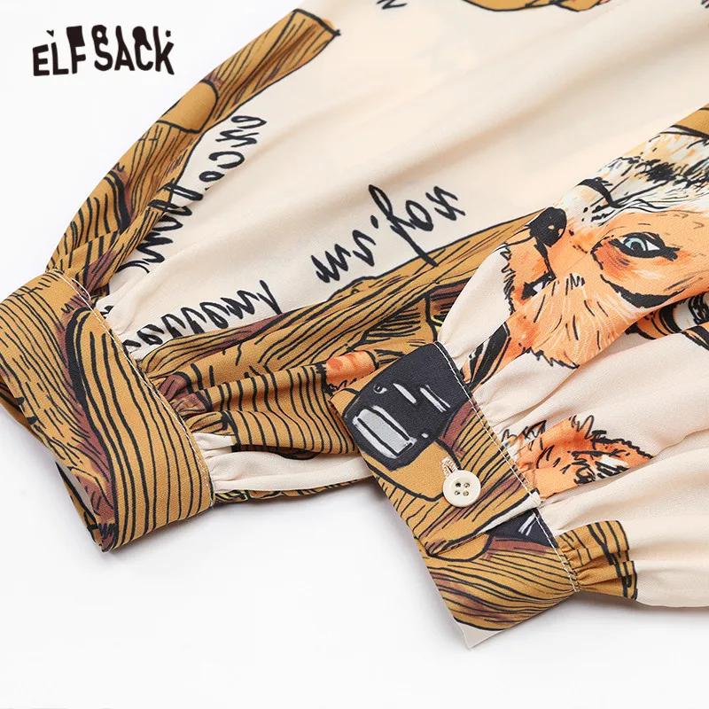 ELFSACK с принтом лисы, винтажная шифоновая блузка, рубашки для женщин,, зимний Корейский стиль, на одной пуговице, рукав-фонарик, офисный женский топ