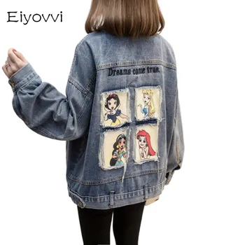 

2020 Big Pocket Cartoon Denim Coat Women Oversize Autumn Jacket Plus Size Chaqueta Mujer Jean Jackets Streetwear Outerwear Coats